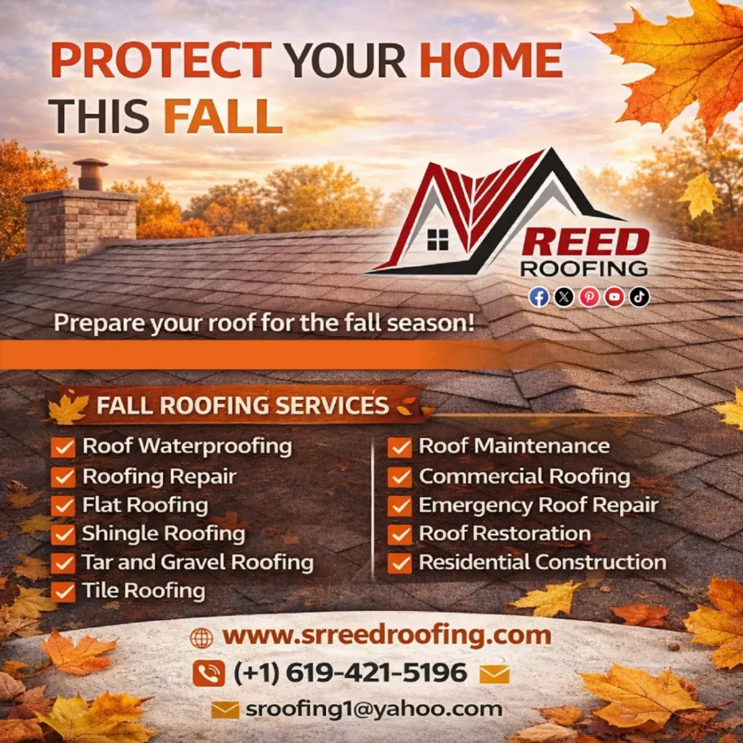 Reed Roofing fall services post featuring roof waterproofing, repair, maintenance, and residential and commercial roofing.